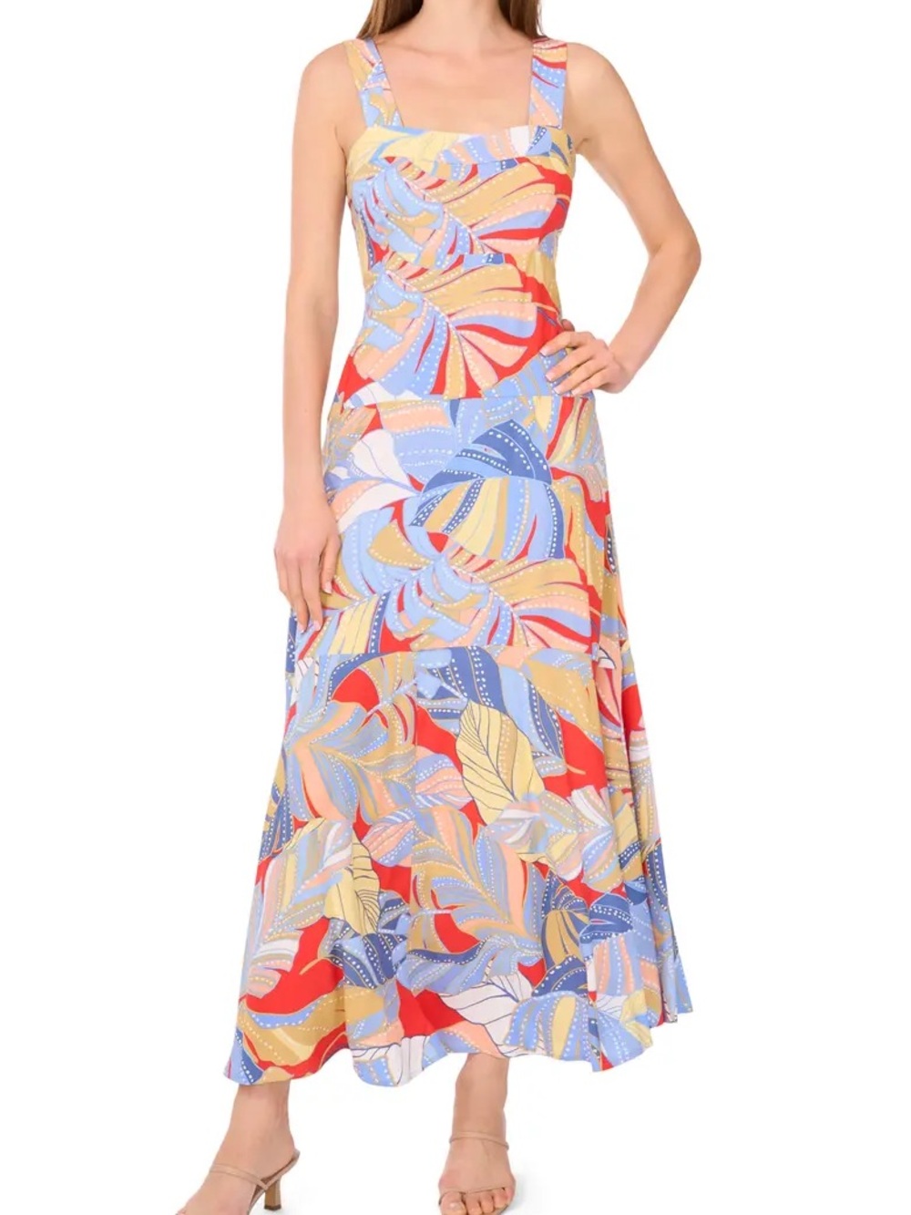 Vince Camuto Multicolor Abstract Print Maxi Dress in Blue, Yellow & Red